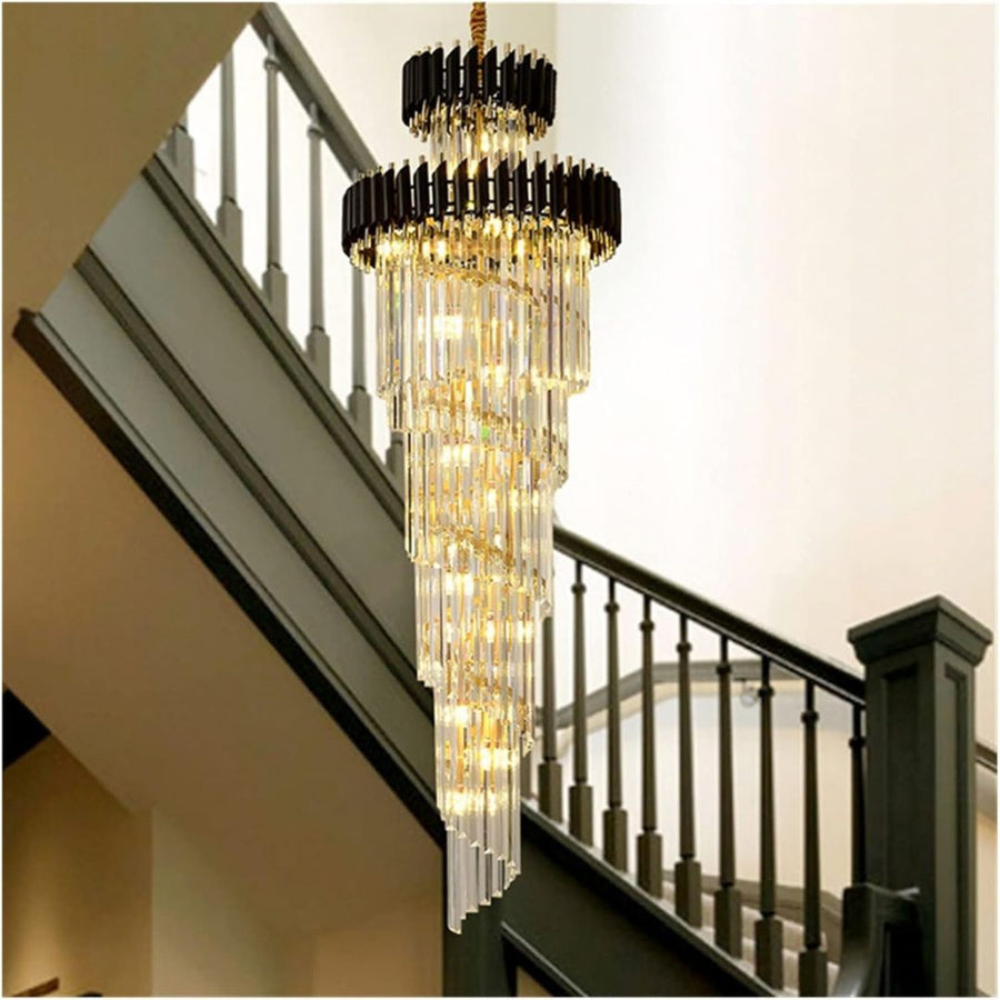 Candelabru Cristal CC900/700X2200, 34xE14, Diametru 70cm, Inaltime 220cm, Auriu Lucios si Negru, Inaltime Reglabila, Design Elegant