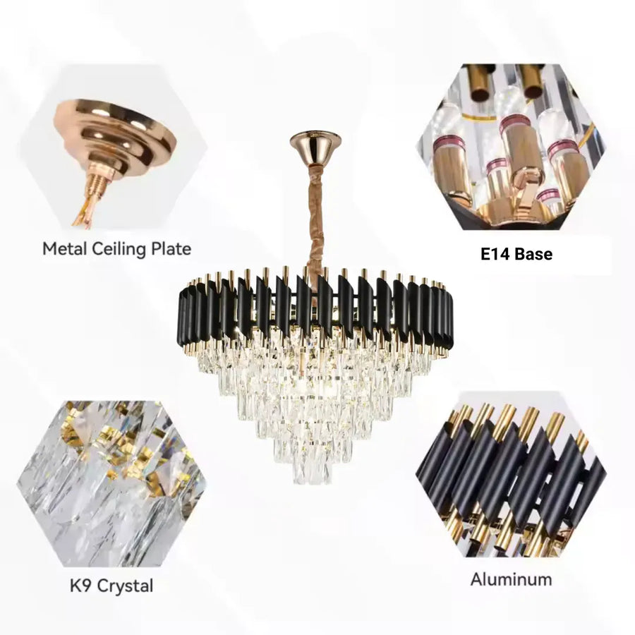 Candelabru Cristal VERSAILLES Magno 8xE14, Diametru 60cm, Negru si Auriu, Inaltime Reglabila