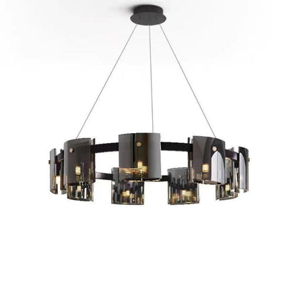 Candelabru Modern, Valmontreux Largo, 8xG9, Diametru 80cm, Negru si Cristale Cenusii, Inaltime Reglabila, Metal si Cristal