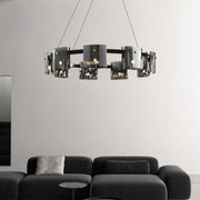 Candelabru Modern, Valmontreux Largo, 8xG9, Diametru 80cm, Negru si Cristale Cenusii, Inaltime Reglabila, Metal si Cristal