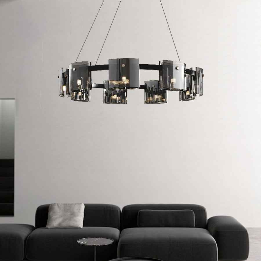 Candelabru Modern, Valmontreux Largo, 8xG9, Diametru 80cm, Negru si Cristale Cenusii, Inaltime Reglabila, Metal si Cristal
