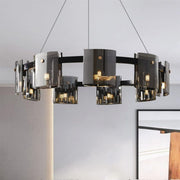 Candelabru Modern, Valmontreux Largo, 8xG9, Diametru 80cm, Negru si Cristale Cenusii, Inaltime Reglabila, Metal si Cristal