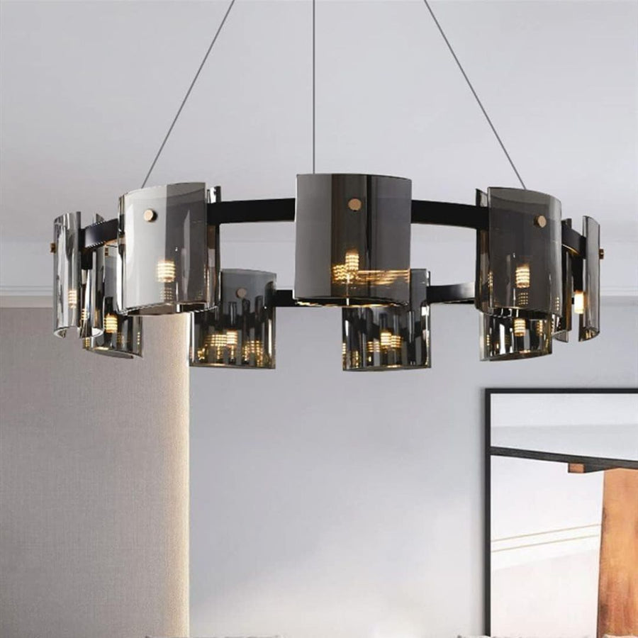 Candelabru Modern, Valmontreux Largo, 8xG9, Diametru 80cm, Negru si Cristale Cenusii, Inaltime Reglabila, Metal si Cristal