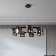 Candelabru Modern, Valmontreux Largo, 8xG9, Diametru 80cm, Negru si Cristale Cenusii, Inaltime Reglabila, Metal si Cristal