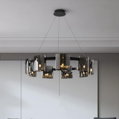 Candelabru Modern, Valmontreux Largo, 8xG9, Diametru 80cm, Negru si Cristale Cenusii, Inaltime Reglabila, Metal si Cristal