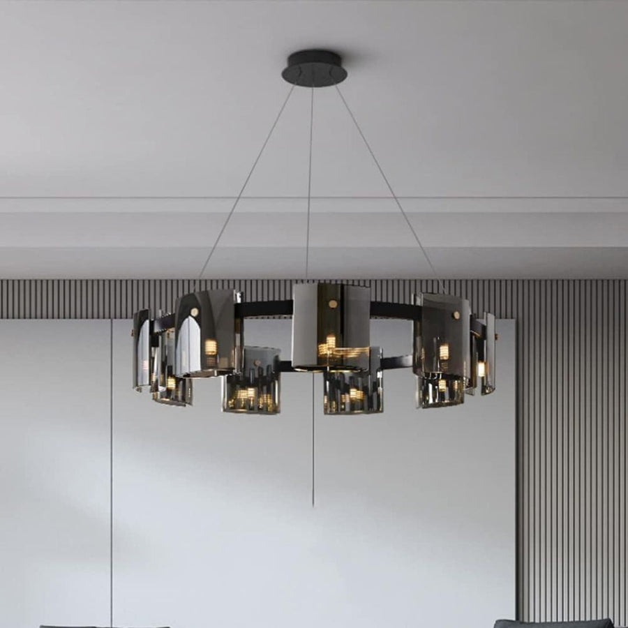 Candelabru Modern, Valmontreux Largo, 8xG9, Diametru 80cm, Negru si Cristale Cenusii, Inaltime Reglabila, Metal si Cristal
