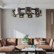 Candelabru Modern, Valmontreux Largo, 8xG9, Diametru 80cm, Negru si Cristale Cenusii, Inaltime Reglabila, Metal si Cristal
