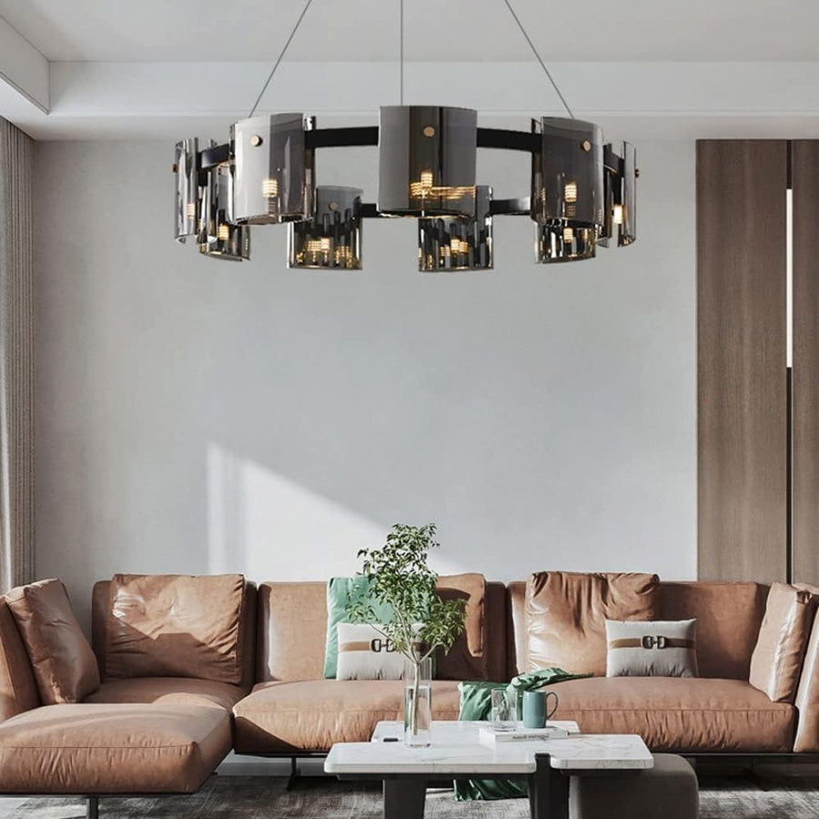 Candelabru Modern, Valmontreux Largo, 8xG9, Diametru 80cm, Negru si Cristale Cenusii, Inaltime Reglabila, Metal si Cristal