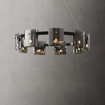 Candelabru Modern, Valmontreux Largo, 8xG9, Diametru 80cm, Negru si Cristale Cenusii, Inaltime Reglabila, Metal si Cristal