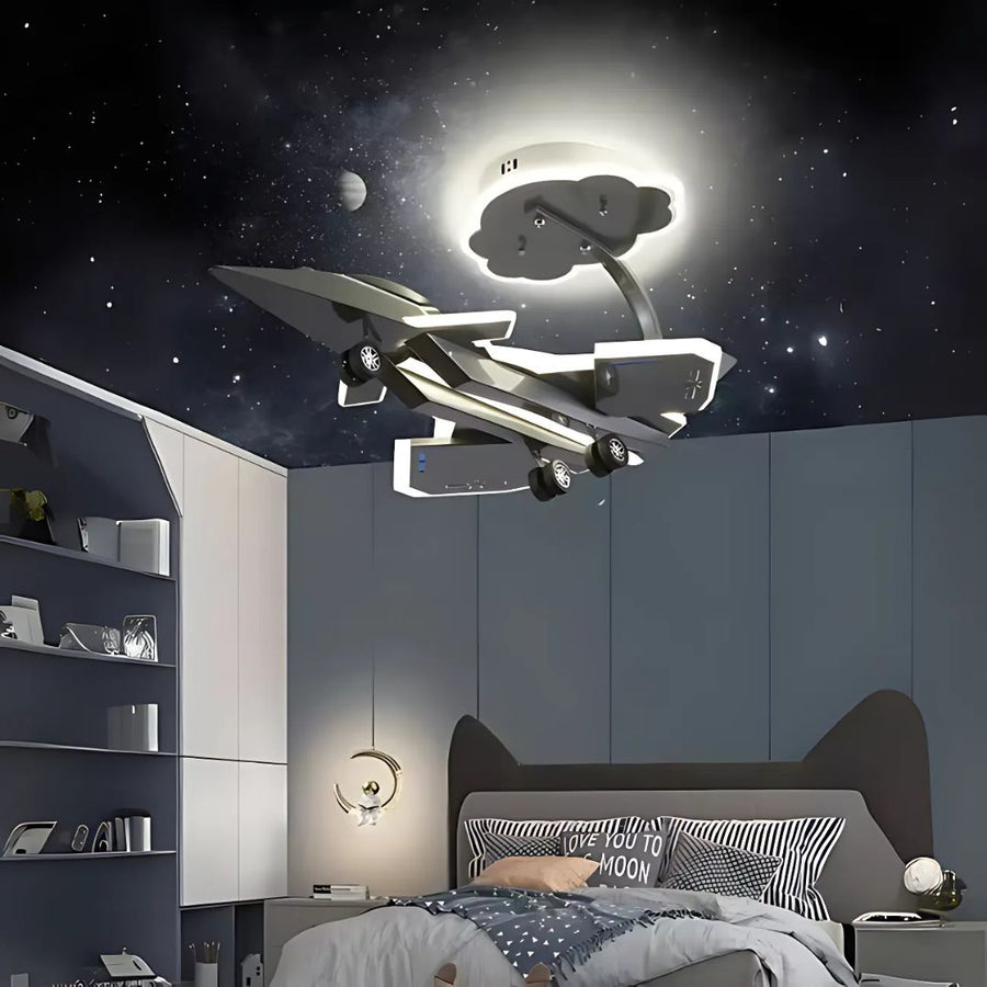 Lustra LED pentru copii FIGHTER, Tip avion, 100W, Lumina Rece/Calda/Neutra, Gri Aeronautic