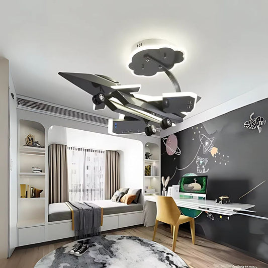 Lustra LED pentru copii FIGHTER, Tip avion, 100W, Lumina Rece/Calda/Neutra, Gri Aeronautic
