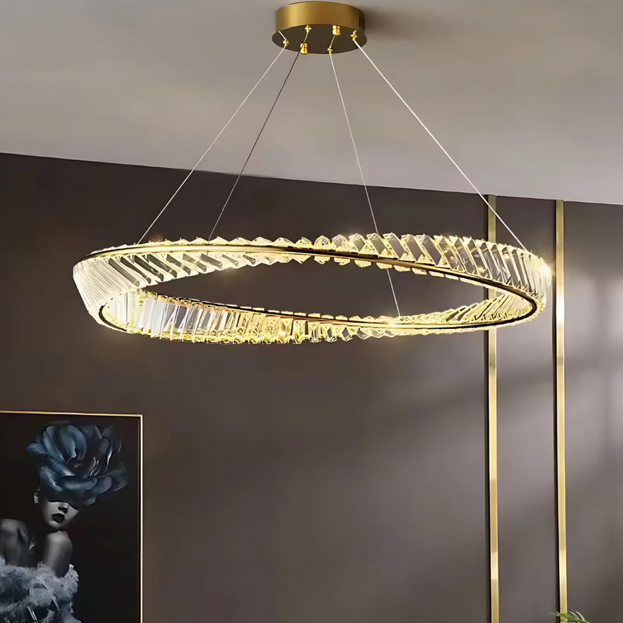 Lustra LED cu telecomanda si cristal LUIGI, 57W, lumina Rece/Calda/Neutra, Dimabila, Auriu