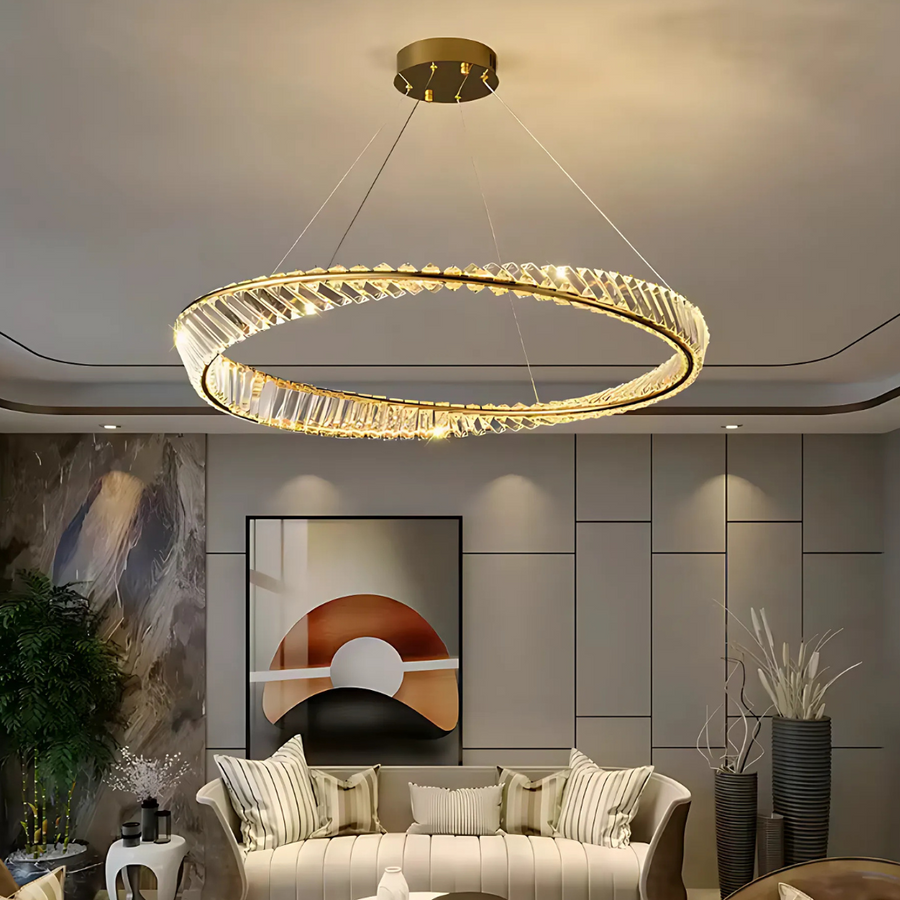 Lustra LED cu telecomanda si cristal LUIGI, 57W, lumina Rece/Calda/Neutra, Dimabila, Auriu