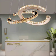Lustra LED suspendata cu telecomanda si cristal PRISM ANTEA 57W, 2 Cercuri, lumina Rece/Calda/Neutra, Dimabila, Crom Lucios, Inaltime Reglabila