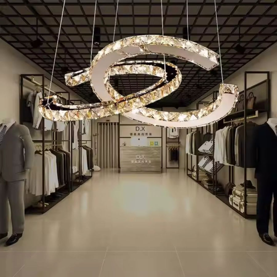 Lustra LED suspendata cu telecomanda si cristal PRISM ANTEA 57W, 2 Cercuri, lumina Rece/Calda/Neutra, Dimabila, Crom Lucios, Inaltime Reglabila