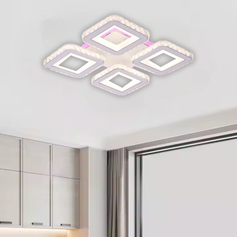 Lustra LED cu telecomanda si cristal LEILA RGB 69W, 4 Patrate, lumina Rece/Calda/Neutra, Dimabila, Alb