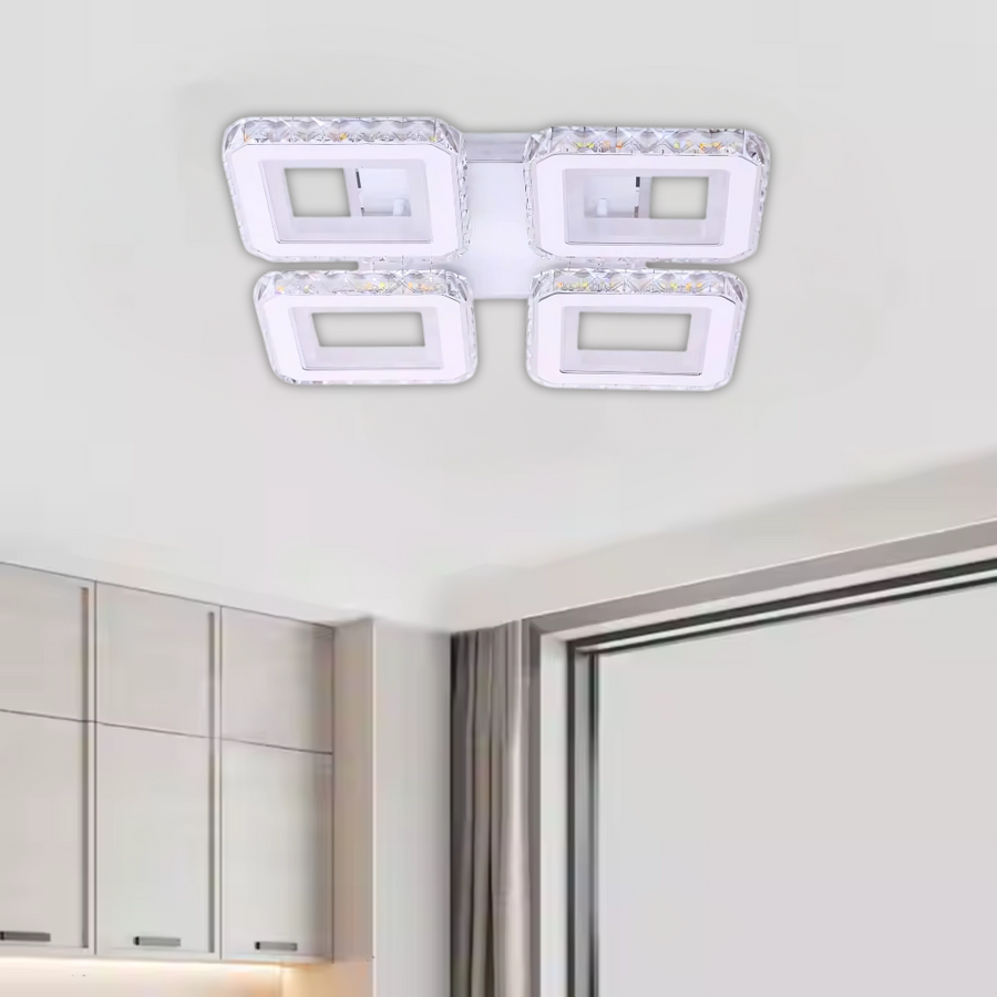 Lustra LED cu telecomanda si cristal LEILA RGB 69W, 4 Patrate, lumina Rece/Calda/Neutra, Dimabila, Alb