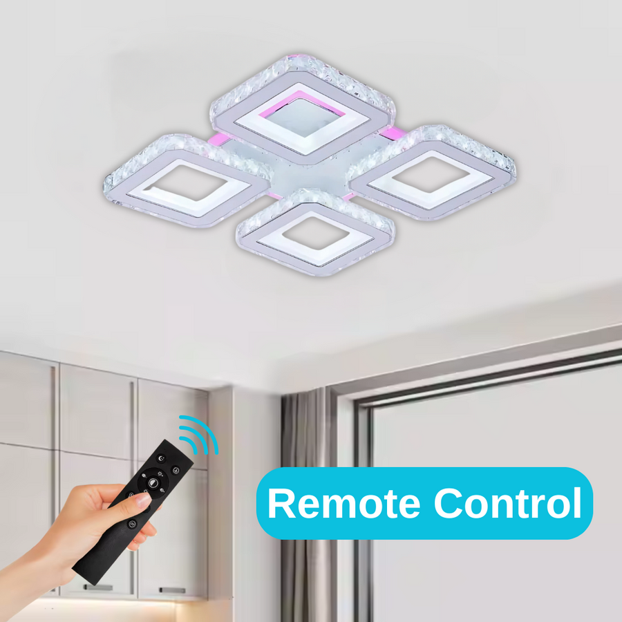 Lustra LED cu telecomanda si cristal LEILA RGB 69W, 4 Patrate, lumina Rece/Calda/Neutra, Dimabila, Alb