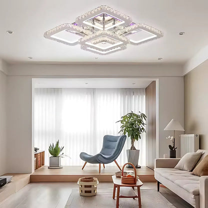 Lustra LED cu telecomanda cu cristal QUADRIA SUPREMO RGB, 143W, 5 Patrate, lumina Rece/Calda/Neutra, Dimabila, Crom Lucios