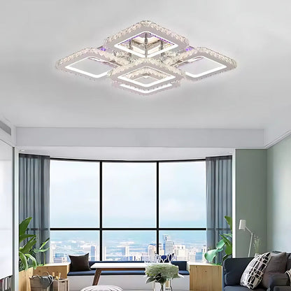 Lustra LED cu telecomanda cu cristal QUADRIA SUPREMO RGB, 143W, 5 Patrate, lumina Rece/Calda/Neutra, Dimabila, Crom Lucios