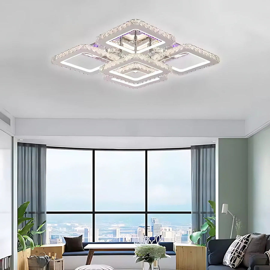 Lustra LED cu telecomanda cu cristal QUADRIA SUPREMO RGB, 143W, 5 Patrate, lumina Rece/Calda/Neutra, Dimabila, Crom Lucios