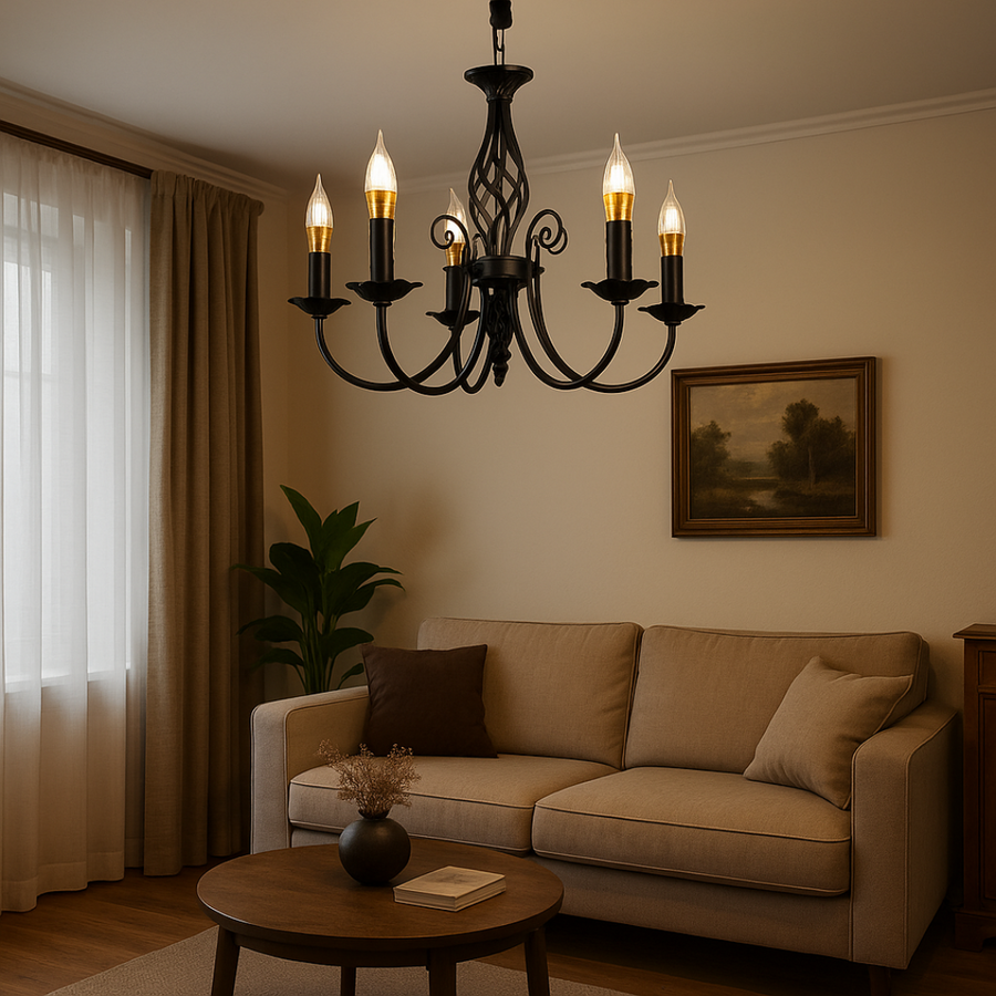 Candelabru Perla, 5xE14, 49x37cm, Negru, Inaltime Reglabila