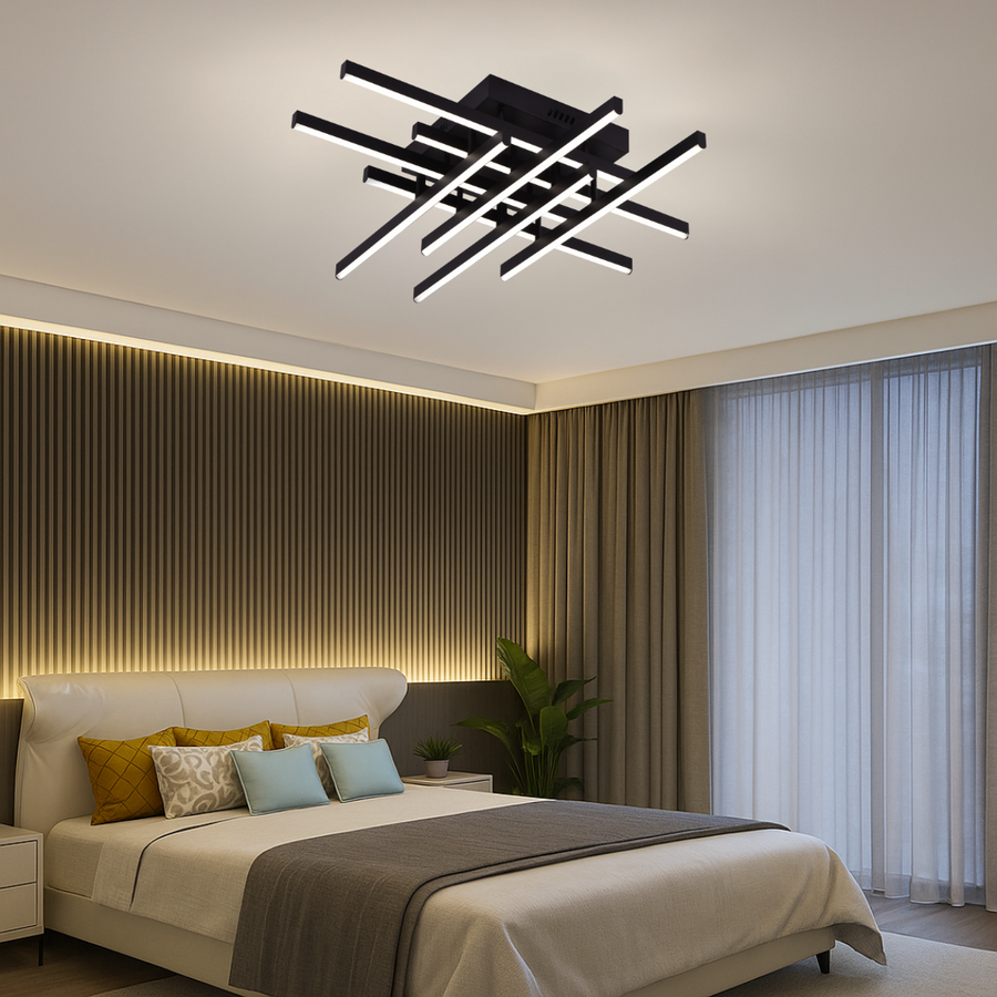 Lustra LED cu Telecomanda LINEX, 108W, 8 elemente, Lumina Rece/Calda/Neutra, Dimabila, Negru