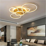 Lustra LED cu Telecomnda RINOVA, 5 cercuri, 137W, Lumina Calda/Rece/Neutra, Dimabila, Auriu