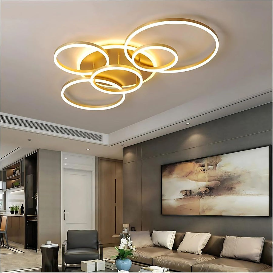 Lustra LED cu Telecomnda RINOVA, 5 cercuri, 137W, Lumina Calda/Rece/Neutra, Dimabila, Auriu