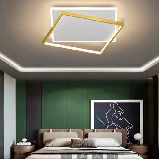 Lustra LED cu telecomanda SOLARA 66W, 2 Patrate, lumina Rece/Calda/Neutra, Dimabila, Auriu Alb
