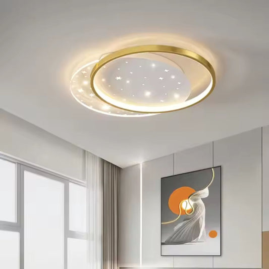 Lustra LED cu telecomanda LUNARO 38W, 2 Cercuri, lumina Rece/Calda/Neutra, Dimabila, Auriu Alb
