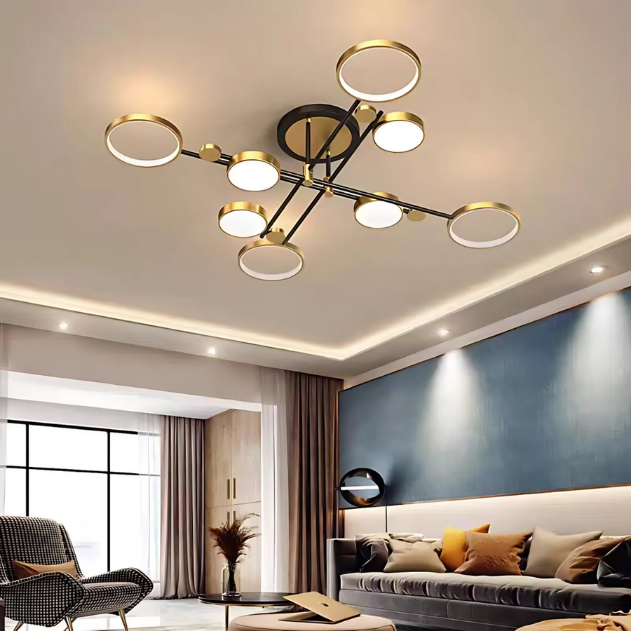 Lustra LED cu Telecomnda MARIA, 8 Elemente, 44W, Lumina Calda/Rece/Neutra, Dimabila, Auriu