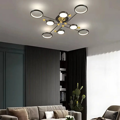 Lustra LED cu Telecomnda MARIA, 44W, 8 Elemente, Lumina Calda/Rece/Neutra, Dimabila, Negru/Auriu