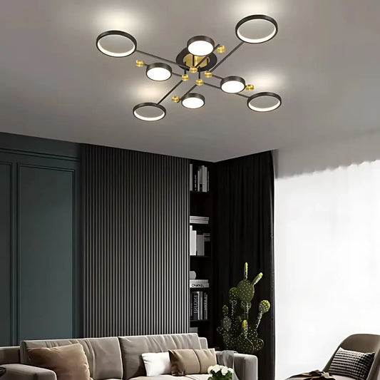 Lustra LED cu Telecomnda MARIA, 44W, 8 Elemente, Lumina Calda/Rece/Neutra, Dimabila, Negru/Auriu