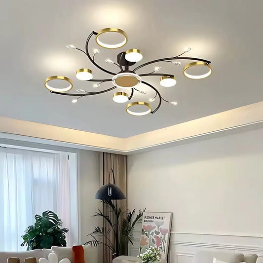 Lustra LED cu Telecomnda KARINA, 65W, 8 Elemente, Lumina Calda/Rece/Neutra, Dimabila, Auriu