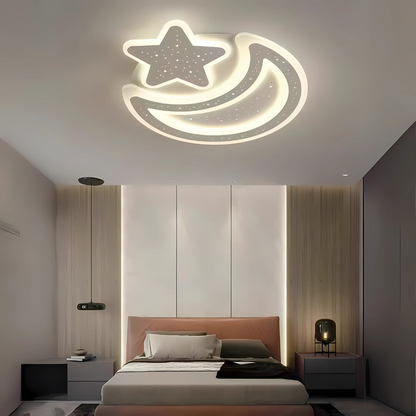 Lustra LED Nova cu Telecomanda, 89W,  Dimabil, Forma Luna si Stea, Alb
