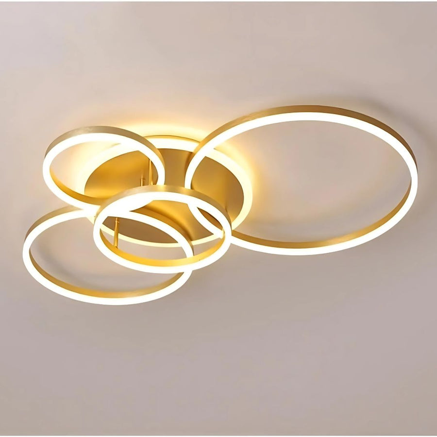 Lustra LED cu Telecomanda RINOVA, 4 cercuri, 112W, Lumina Calda/Rece/Neutra, Dimabila, Auriu