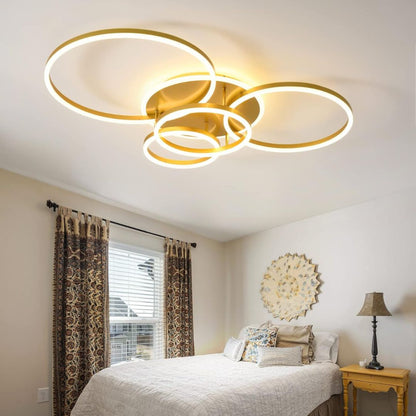 Lustra LED cu Telecomanda RINOVA, 4 cercuri, 112W, Lumina Calda/Rece/Neutra, Dimabila, Auriu
