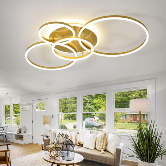 Lustra LED cu Telecomanda RINOVA, 4 cercuri, 112W, Lumina Calda/Rece/Neutra, Dimabila, Auriu