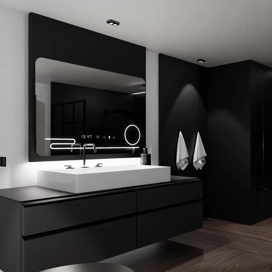Oglinda LED Rectangulara, 100x60cm, Harmonie MotionGlow Marcello, Sistem Dezaburire, Ceas & Termometru, Lupa Cosmetica, Dimabila