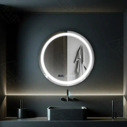 Oglinda LED Rotunda, 70cm, Celeste MotionGlow Marcello, Sistem Dezaburire, Ceas & Termometru, Dimabila, Lumina Calda Neutra Rece 3000K/4000K/6000K