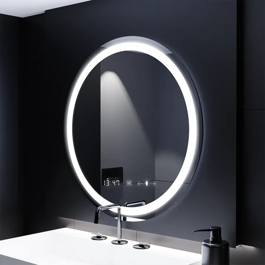Oglinda LED Rotunda, 70cm, Celeste MotionGlow Marcello, Sistem Dezaburire, Ceas & Termometru, Dimabila, Lumina Calda Neutra Rece 3000K/4000K/6000K