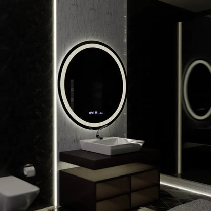 Oglinda LED Rotunda, 100cm, Celeste MotionGlow Marcello, Sistem Dezaburire, Ceas & Termometru, Dimabila