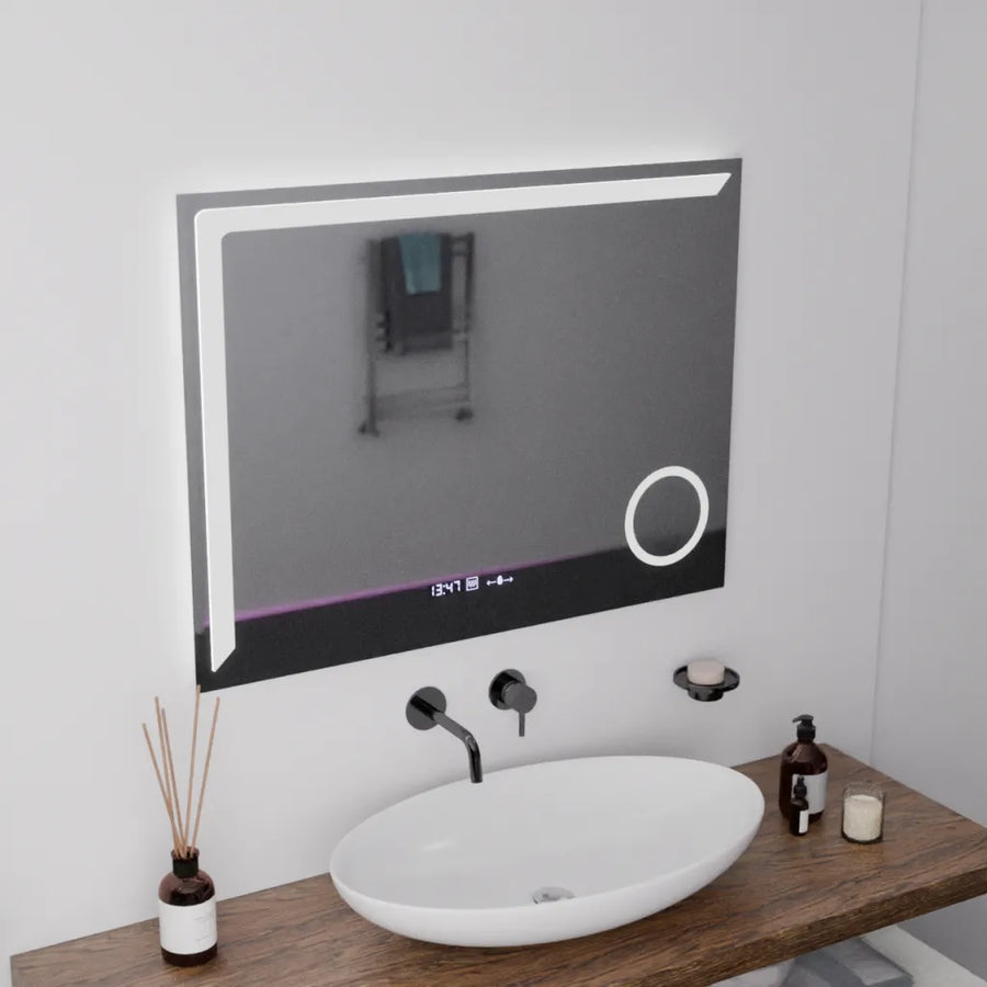 Oglinda LED Rectangulara, 80x60cm, Precision MotionGlow Marcello, Sistem Dezaburire, Ceas & Termometru, Lupa Cosmetica, Dimabila