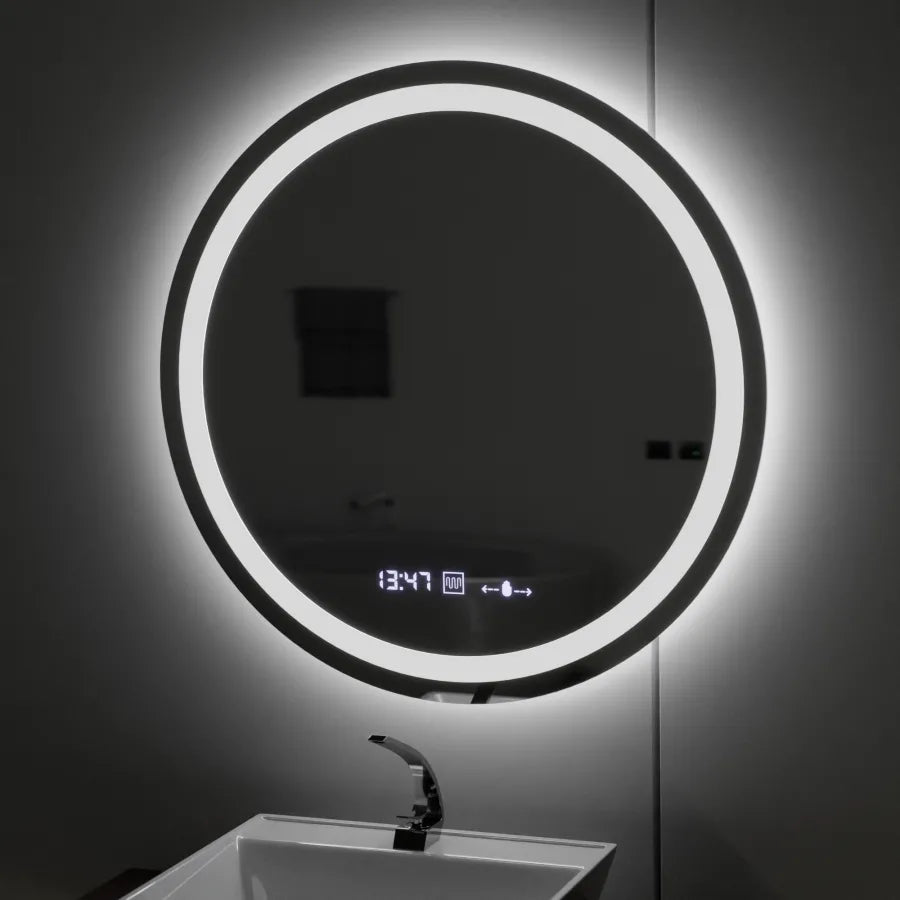 Oglinda LED Rotunda, Diametru 50cm, Celeste MotionGlow Marcello, Sistem Dezaburire, Ceas & Termometru, Dimabila, Lumina Calda Neutra Rece 3000K/4000K/6000K
