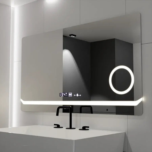 Oglinda LED Rectangulara, 80x60cm, Definition MotionGlow Marcello, Sistem Dezaburire, Ceas & Termometru, Lupa Cosmetica, Dimabila