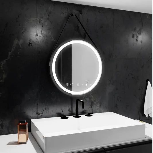 Oglinda LED Rotunda, 50cm, Celeste Majeste Noir Eleve MotionGlow Marcello, Sistem Dezaburire, Ceas & Termometru, Dimabila