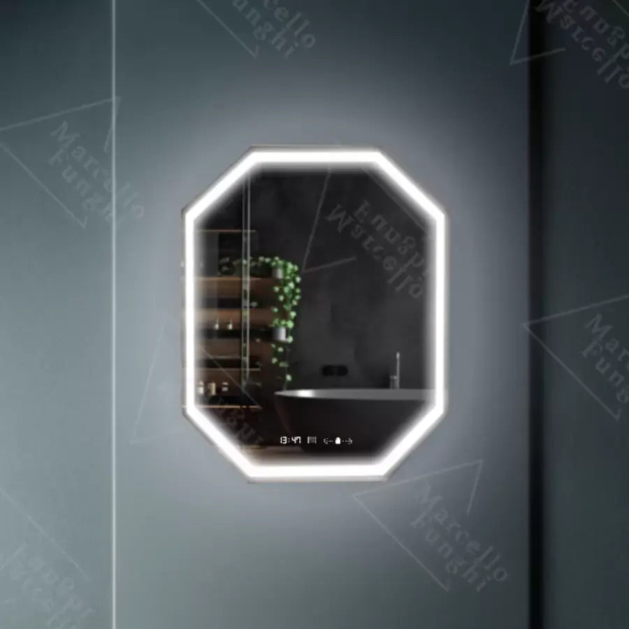Oglinda LED Poligon, 60x80cm, Ralya Senzor MotionGlow Marcello, Sistem Dezaburire, Ceas & Termometru, Dimabila