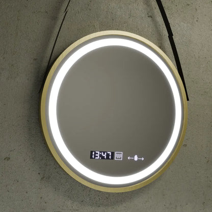 Oglinda LED Rotunda, 60cm, Celeste Royale Gold Eleve MotionGlow Marcello, Sistem Dezaburire, Ceas & Termometru, Dimabila, Curea Detasabila