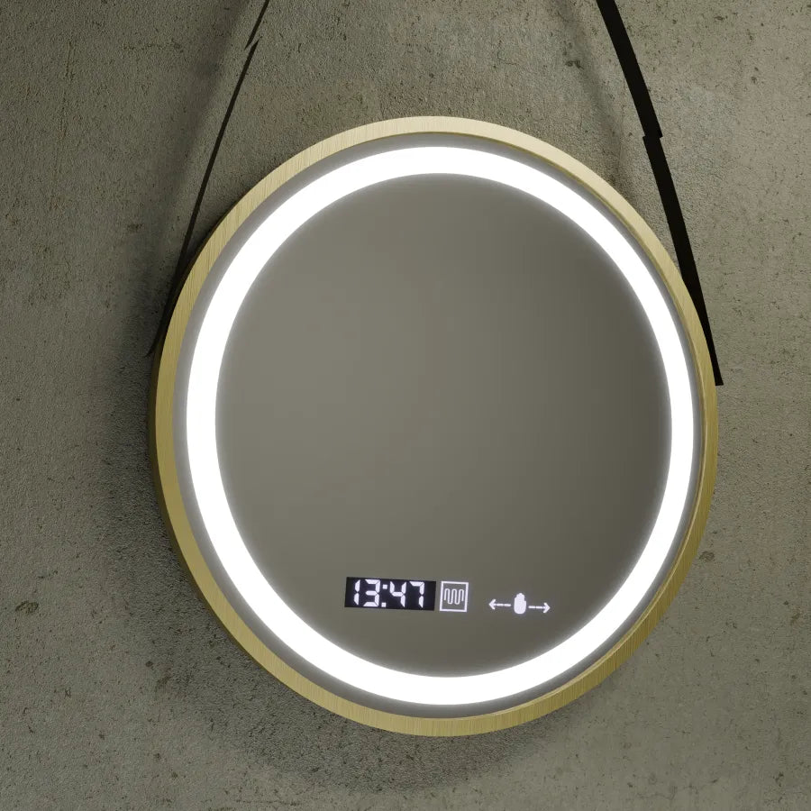 Oglinda LED Rotunda, 60cm, Celeste Royale Gold Eleve MotionGlow Marcello, Sistem Dezaburire, Ceas & Termometru, Dimabila, Curea Detasabila